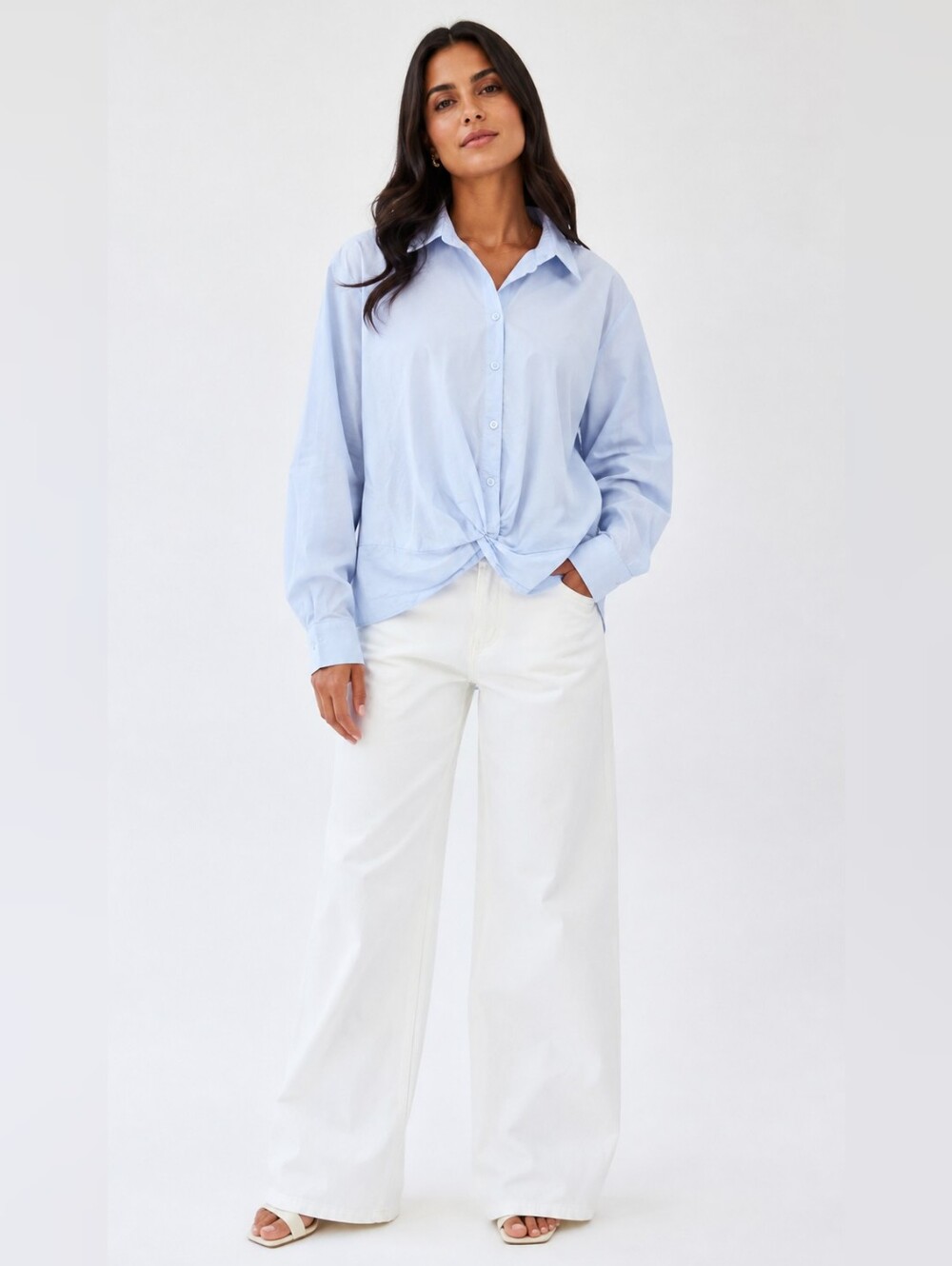 Forever 21 Light Blue Button-Front Tie Hem Shirt